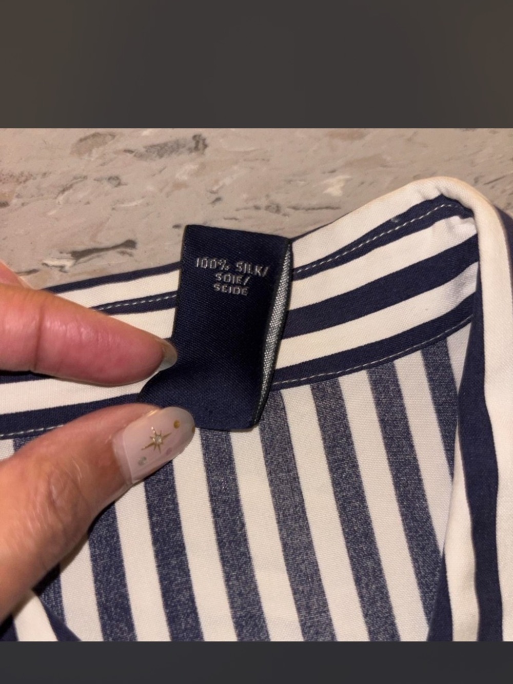 Lands' End Navy and White Vertical Stripe Dress Shirt - Picture 3 of 3